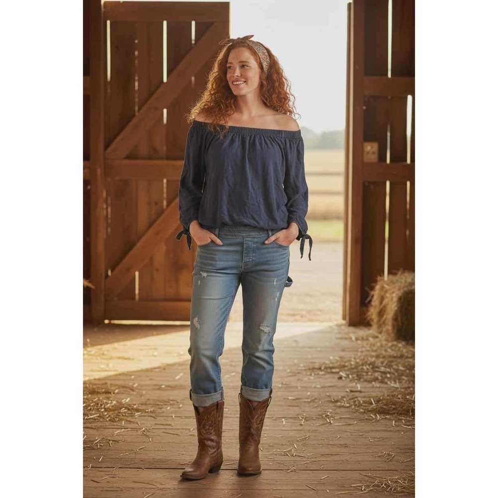 TRAMP Blue Chambray Off Shoulder Top Peasant Boho Tie Sleeve‎ Tunic Blouse